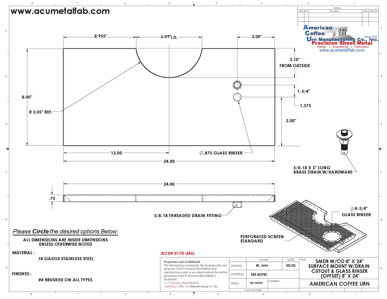 Surface Mount Drip Tray with Cut Out and Offset Drain and Rinser Hole | 8" X 24" X ¾" | 6" Flange | SS #4