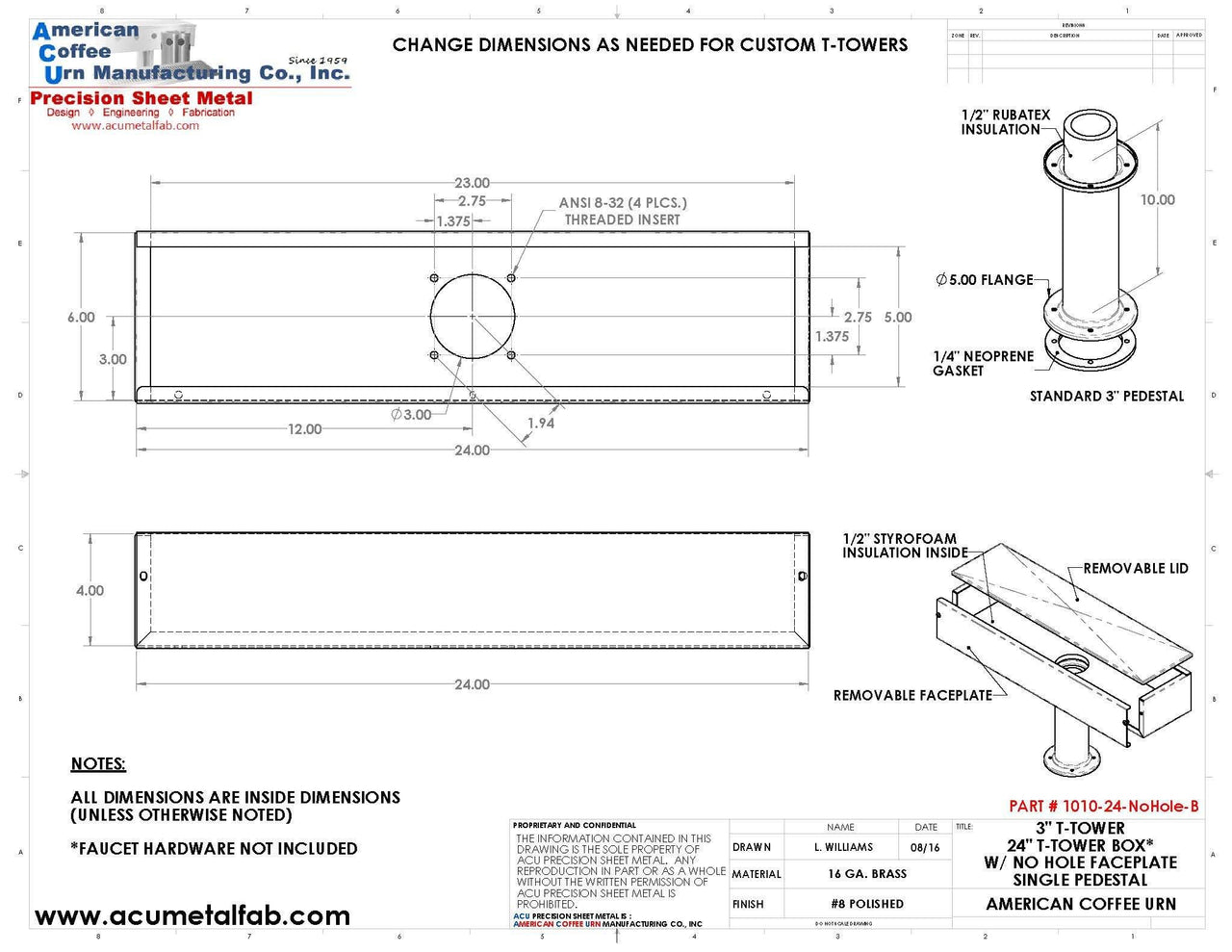 Draft Beer T-Tower | 3" Single Pedestal | 24" Box No Hole Face Plate | Brass - ACU Precision Sheet Metal