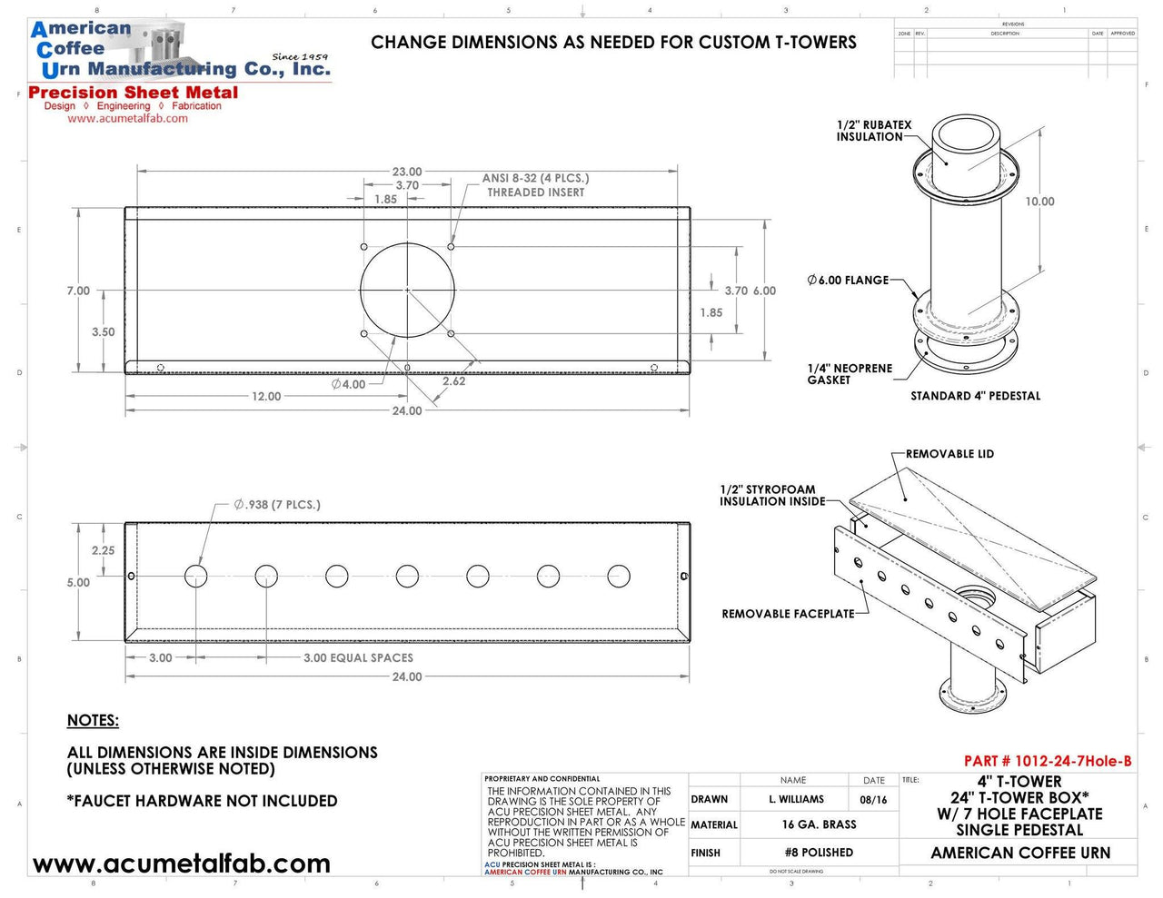 Draft Beer T- Tower |4" Single Pedestal |24" Box 7 Hole Face Plate | Brass - ACU Precision Sheet Metal