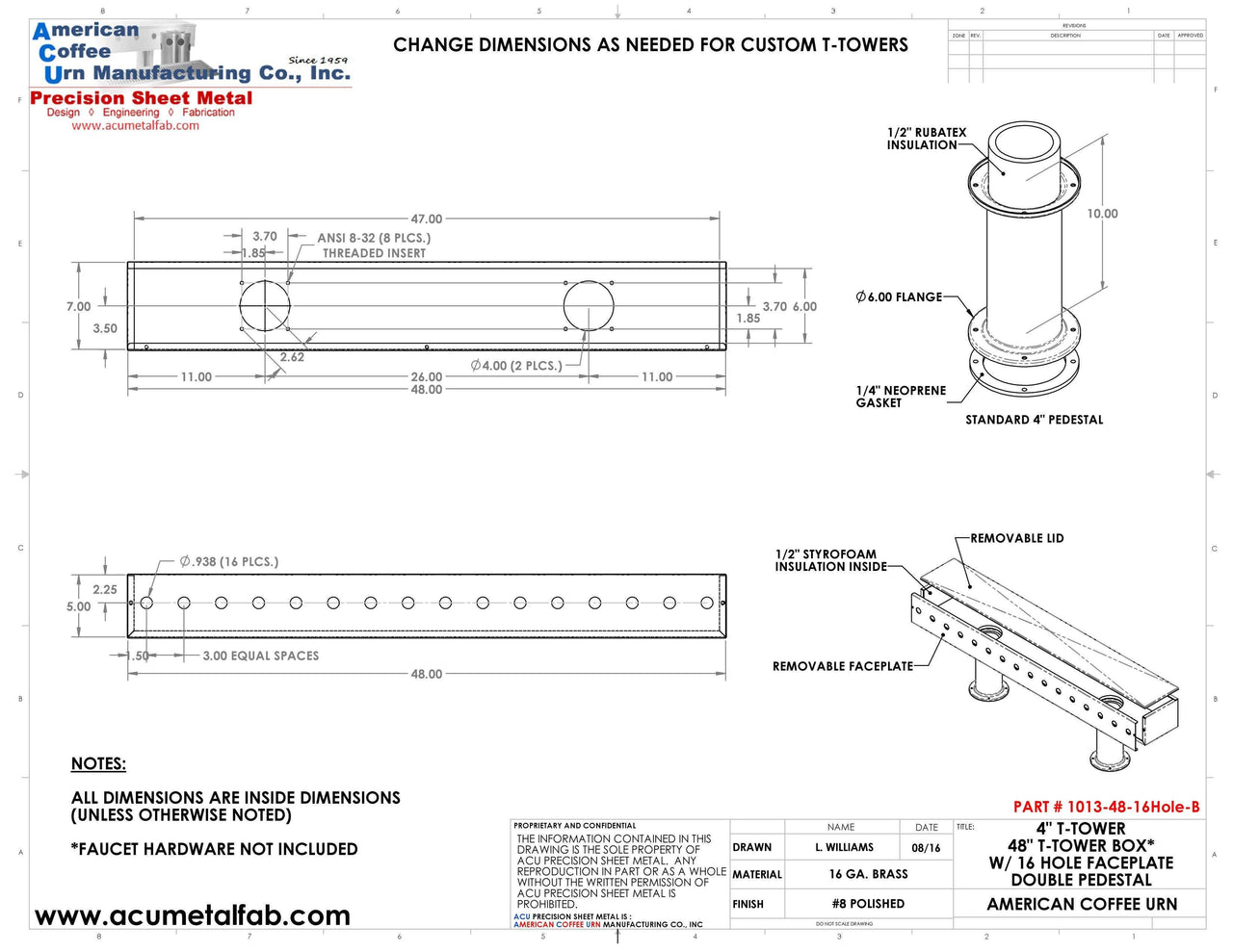 Draft Beer T-Tower |Double Pedestal| 48" Box| 16 Faucet Holes| Brass - ACU Precision Sheet Metal