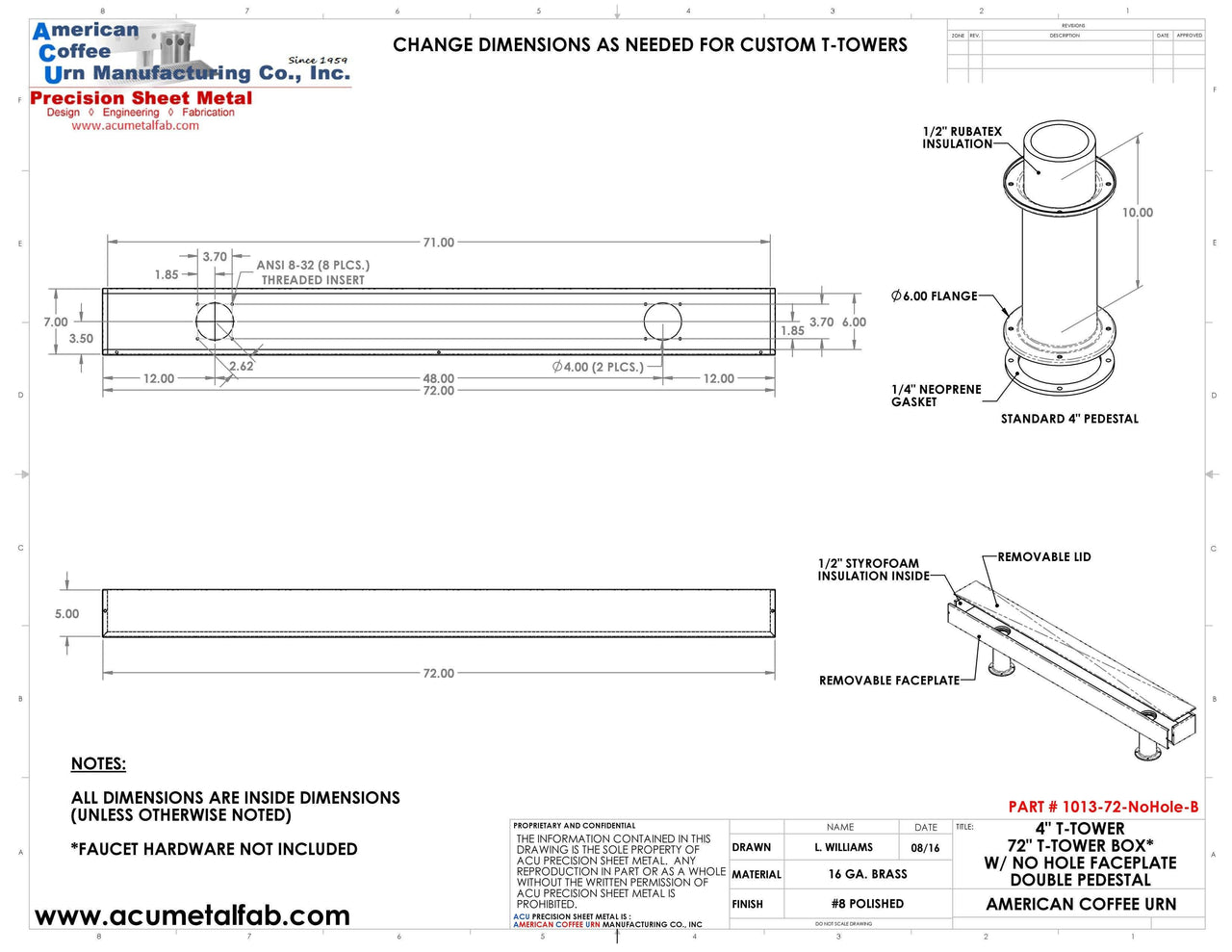 Draft Beer T-Tower | Double Pedestal | 72" Box | No Faucet Holes | Brass - ACU Precision Sheet Metal