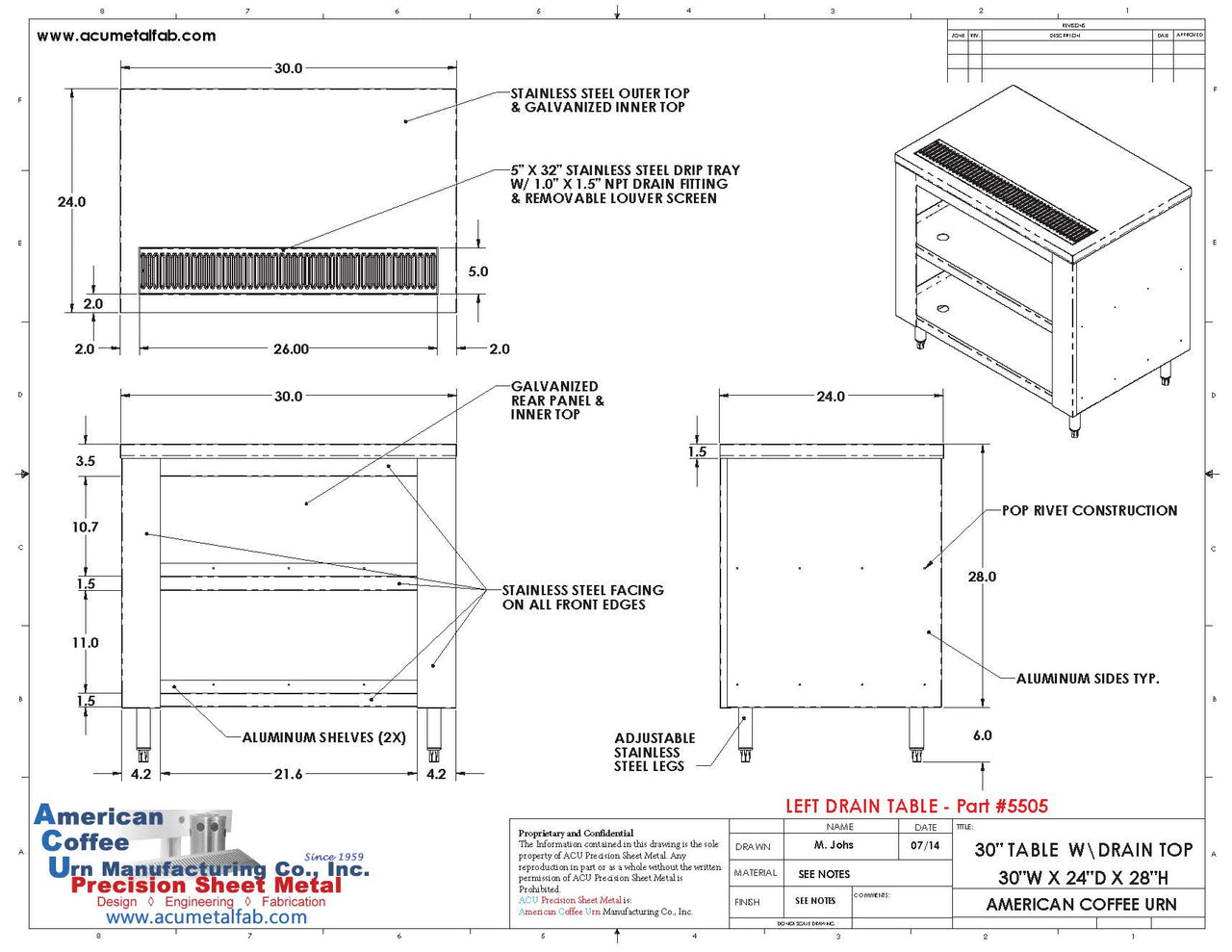 Drain Top Stainless Steel Restaurant Table | 30" X 24" | Left Drain