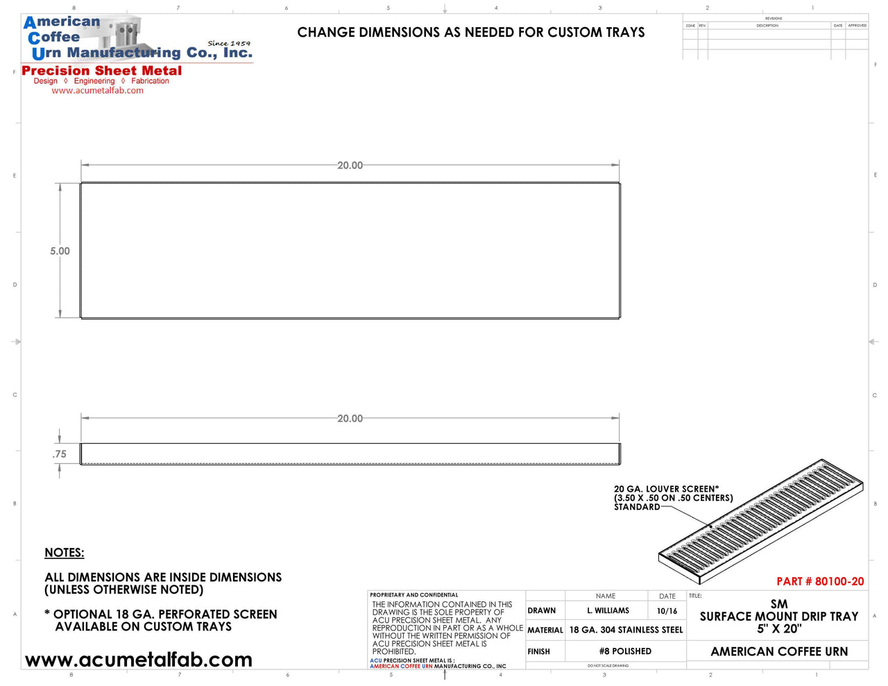 5" X 20" X 3/4" Surface Mount Drip Tray |No Drain | S/S # 8 - ACU Precision Sheet Metal