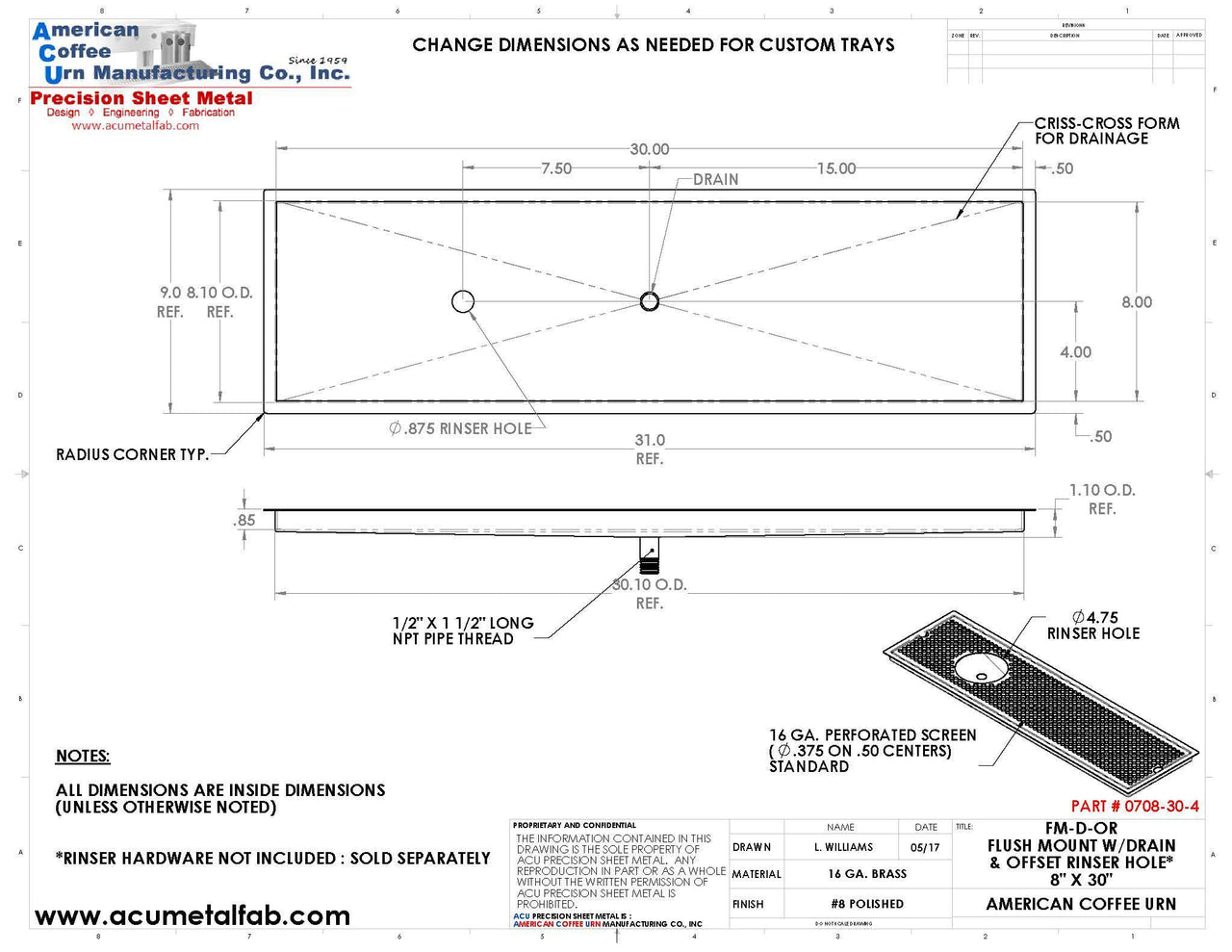 Flush Mount w/ Center Drain and Offset Rinser Hole 8" X 30" X ¾" Drip Tray | Recessed | Brass