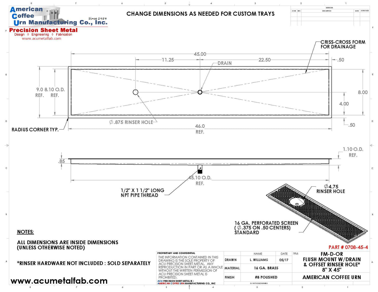 Flush Mount w/ Center Drain and Offset Rinser Hole 8" X 45" X ¾" Drip Tray | Recessed | Brass
