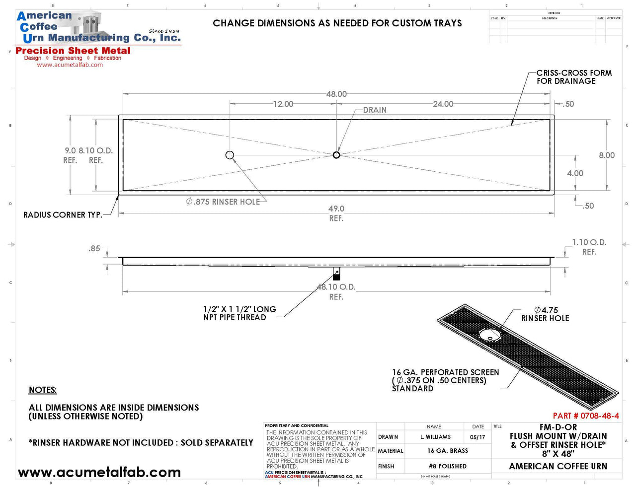 Flush Mount w/ Center Drain and Offset Rinser Hole 8" X 48" X ¾" Drip Tray | Recessed | Brass