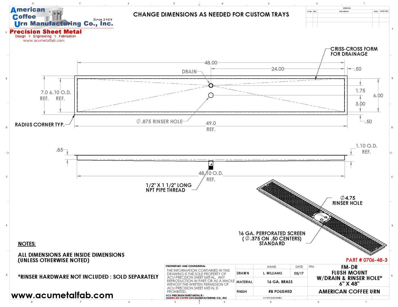 Flush Mount with Rinser Hole 6" X 48" X ¾" Drip Tray | Recessed | Brass