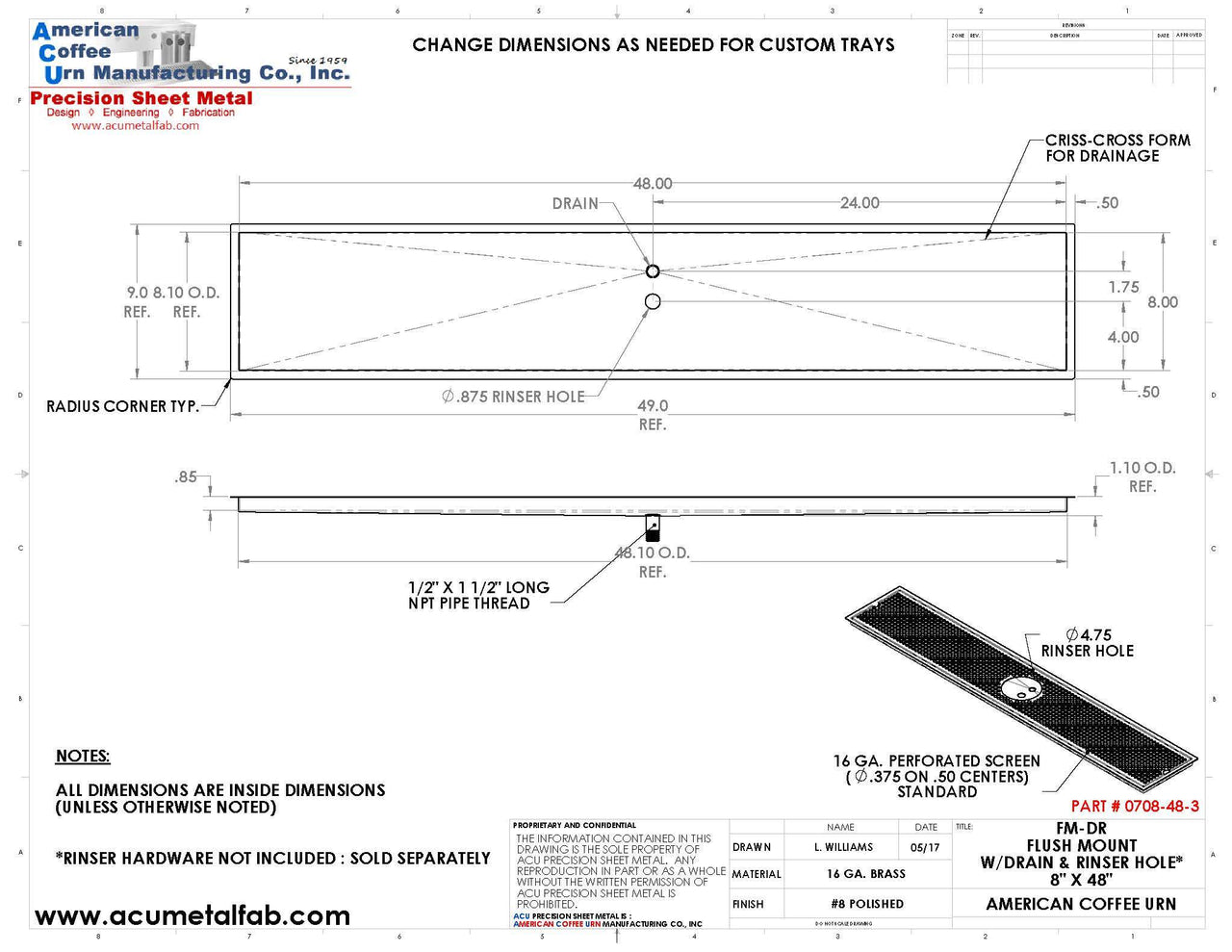 Flush Mount with Rinser Hole 8" X 48" X ¾" Drip Tray | Recessed | Brass
