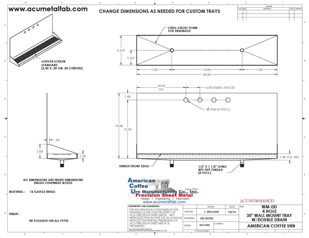 Wall Mount Drip Tray with Double Drains | 6-3/8" X 30" X 14" X 1" | Brass | 4 Faucet Holes - ACU Precision Sheet Metal