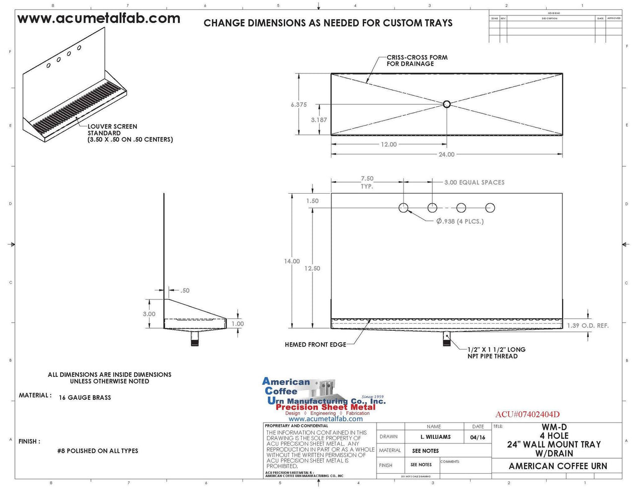 Wall Mount Drip Tray with Drain | 6-3/8" X 24" X 14" X 1" | Brass | 4 Faucet Holes - ACU Precision Sheet Metal