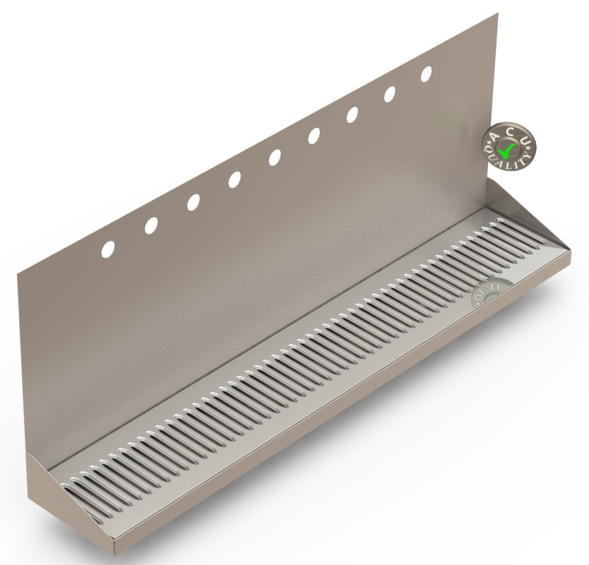 Wall Mount Drip Tray with Drain | 6-3/8" X 36" X 14" X 1" | Stainless Steel Mirror Finish | 9 Faucet Holes - ACU Precision Sheet Metal