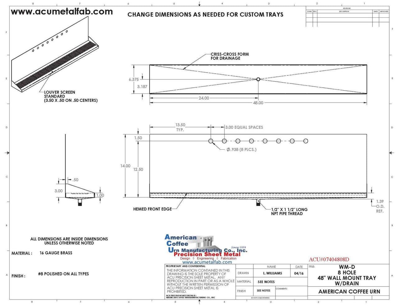 Wall Mount Drip Tray with Drain | 6-3/8" X 48" X 14" X 1" | Brass | 8 Faucet Holes - ACU Precision Sheet Metal