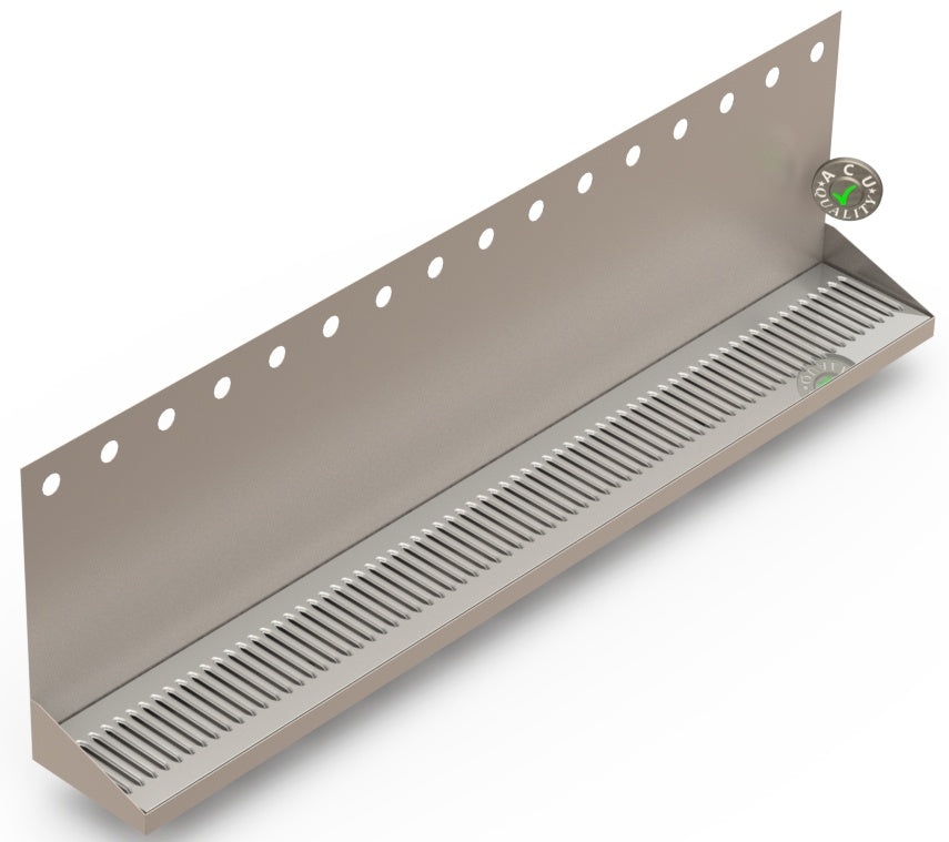 Wall Mount Drip Tray with Drain | 6-3/8" X 48" X 14" X 1" | Stainless Steel Mirror Finish | 16 Faucet Holes - ACU Precision Sheet Metal