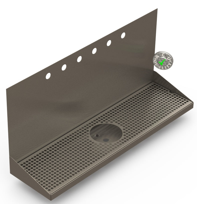 Wall Mount Drip Tray with Drain and Rinser Hole | 8" X 30" X 14" X 1" | S/S # 4 | 6 Faucet Holes - ACU Precision Sheet Metal