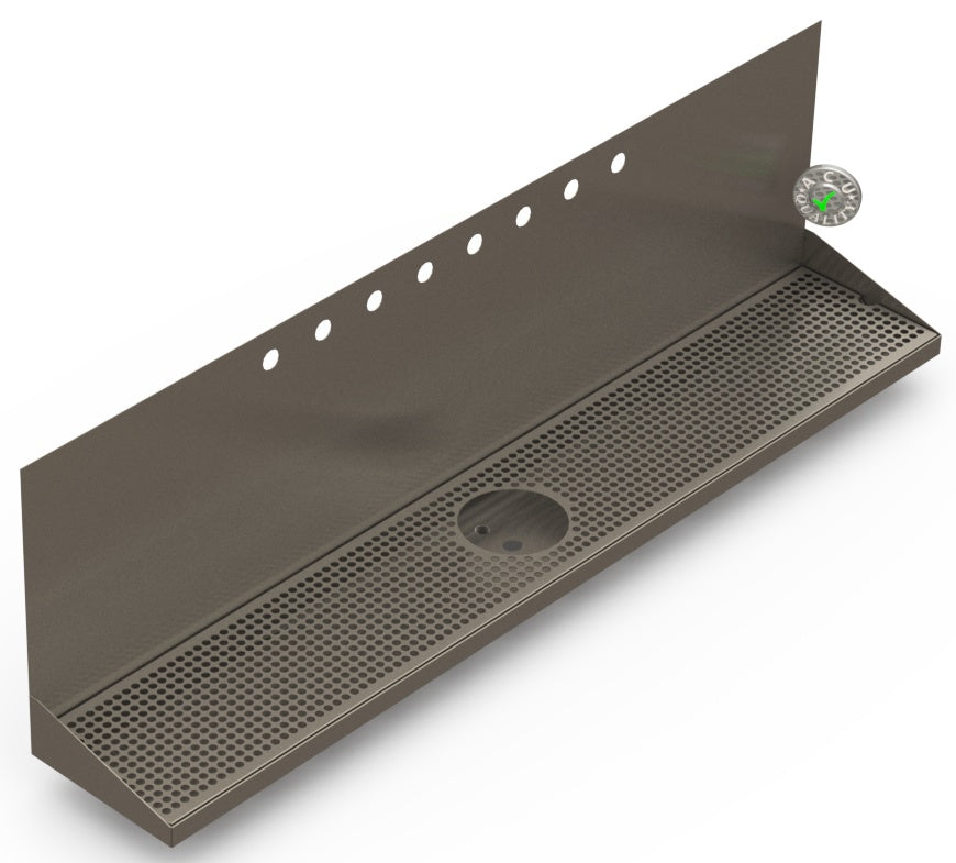 Wall Mount Drip Tray with Drain and Rinser Hole | 8" X 48" X 14" X 1" | S/S # 4 | 8 Faucet Holes - ACU Precision Sheet Metal