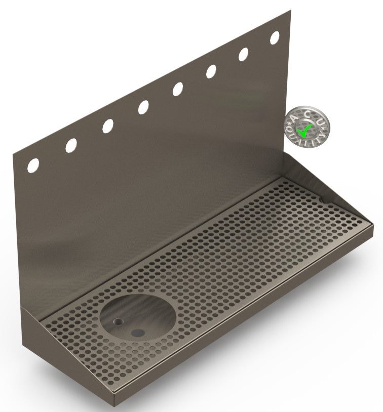 Wall Mount Drip Tray with Left Drain and Rinser Hole | 8" X 24" X 14" X 1" | S/S # 4 | 8 Faucet Holes - ACU Precision Sheet Metal