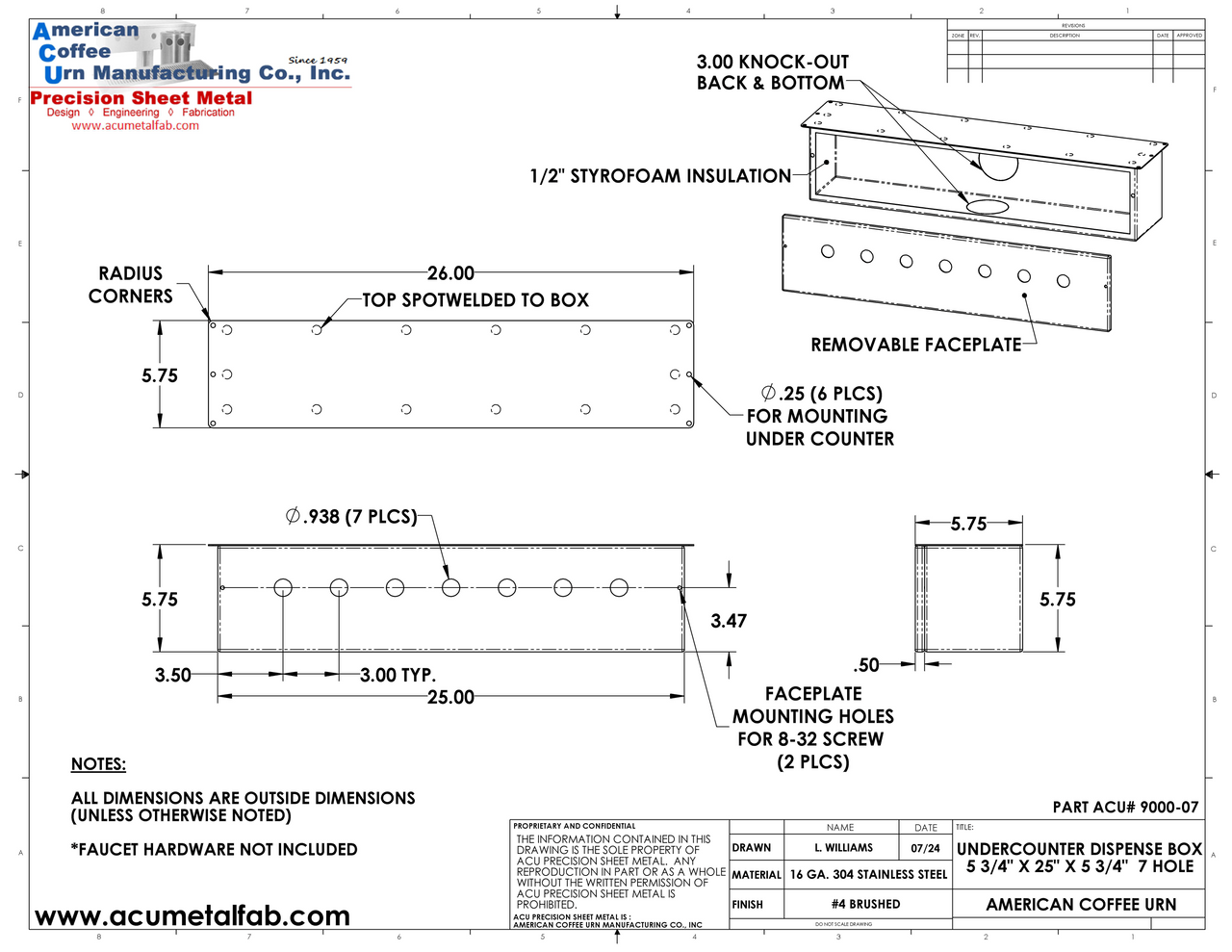 Under Counter Dispense Box | 25 Inch | 7 Holes