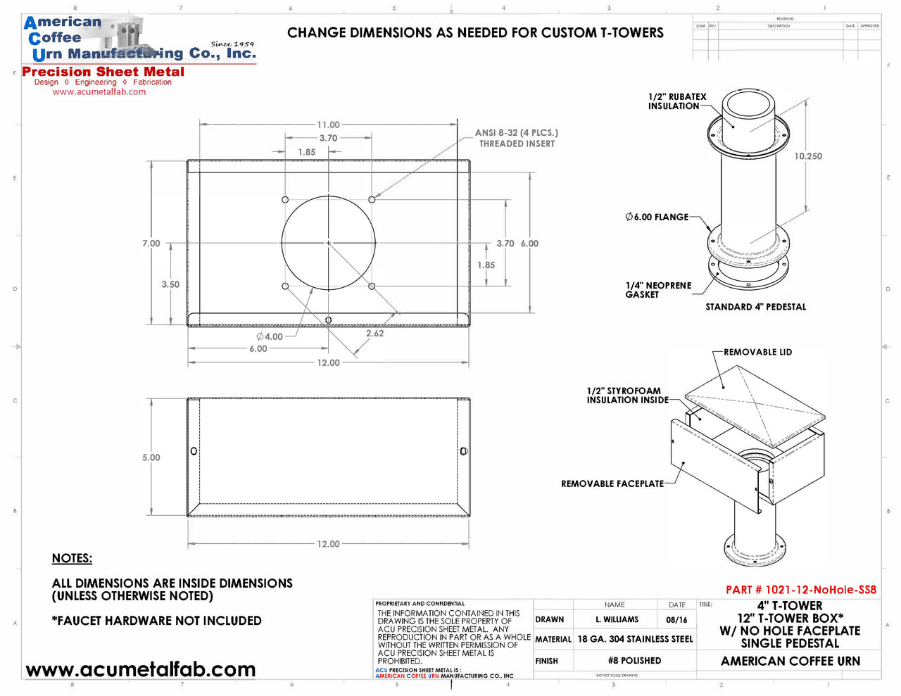Draft Beer T-Tower | 4" Single Pedestal | 12" Box | No Hole Face Plate | S/S # 8