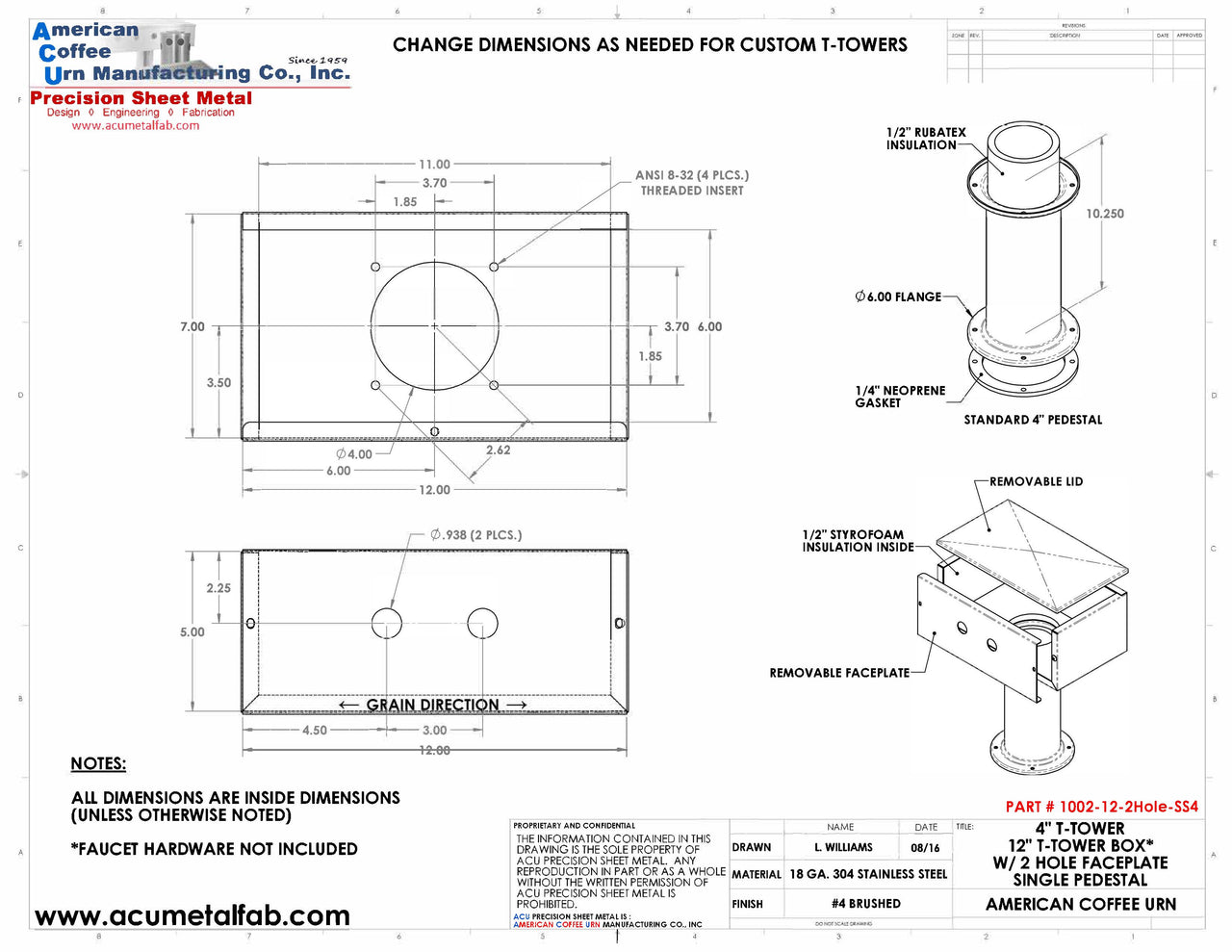 Draft Beer T-Tower | 4" Single Pedestal | 12" Box | 2 Hole Face Plate | S/S # 4