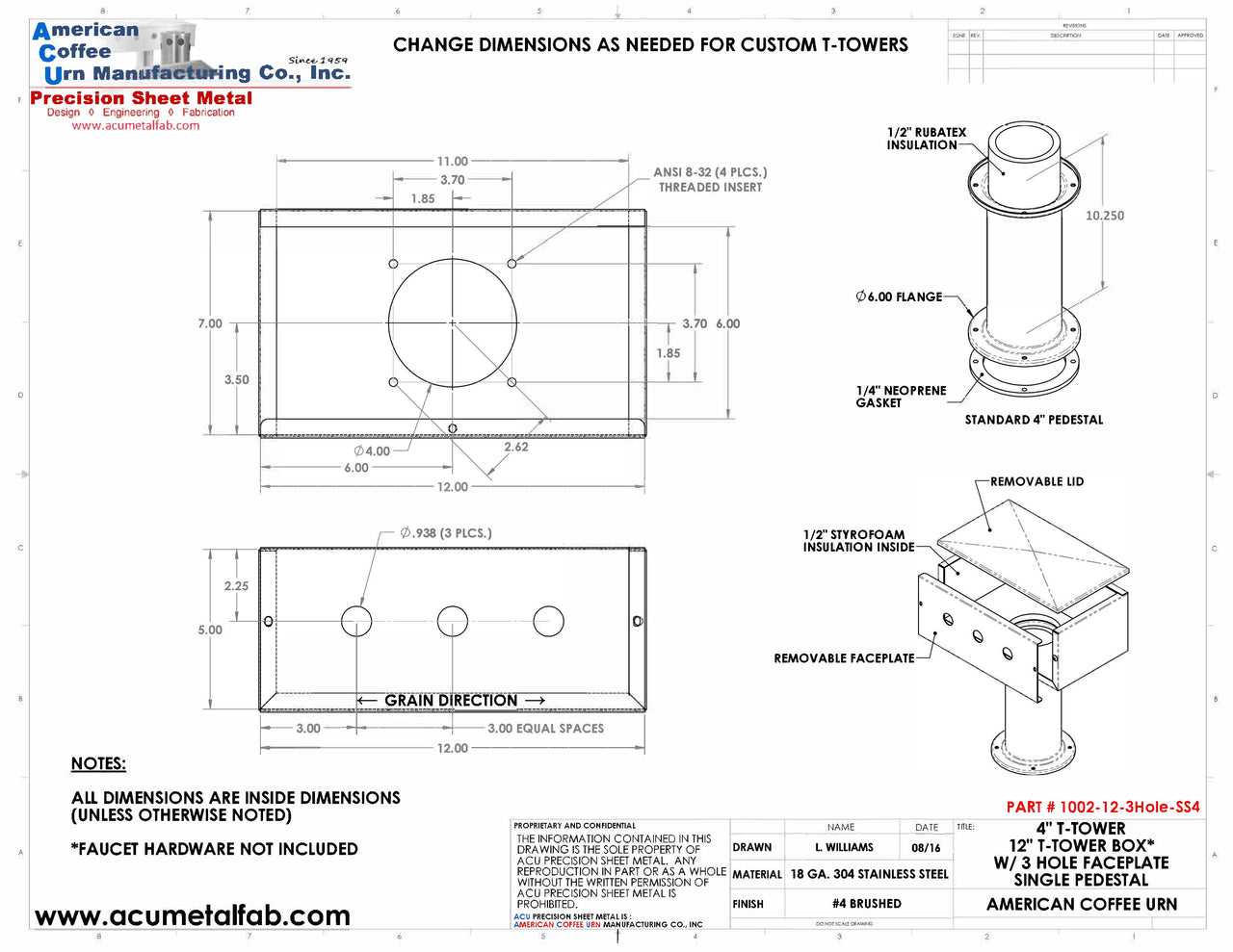 Draft Beer T-Tower | 4" Single Pedestal | 12" Box | 3 Hole Face Plate | S/S # 4