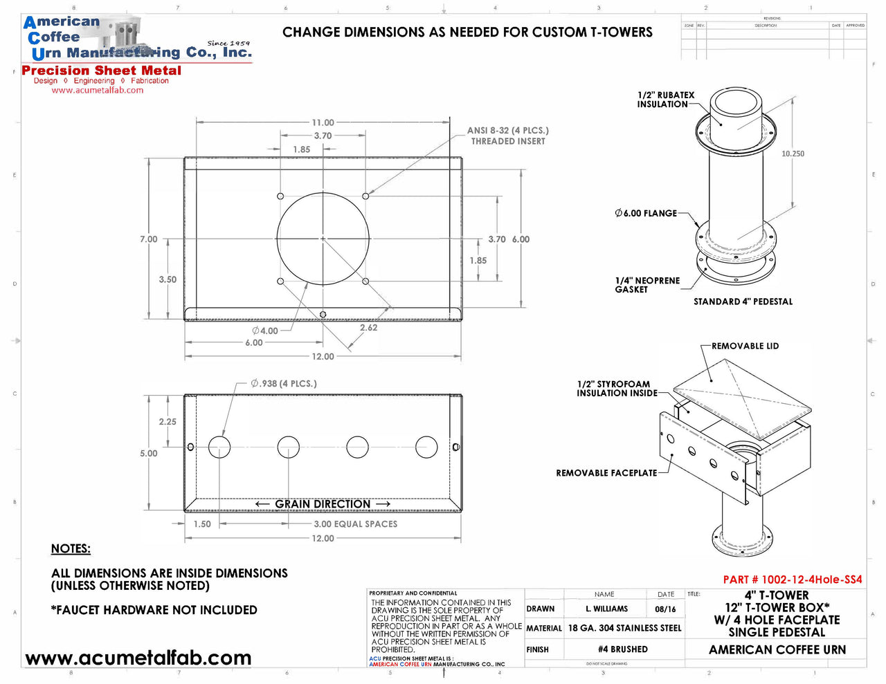 Draft Beer T-Tower | 4" Single Pedestal | 12" Box | 4 Hole Face Plate | S/S # 4