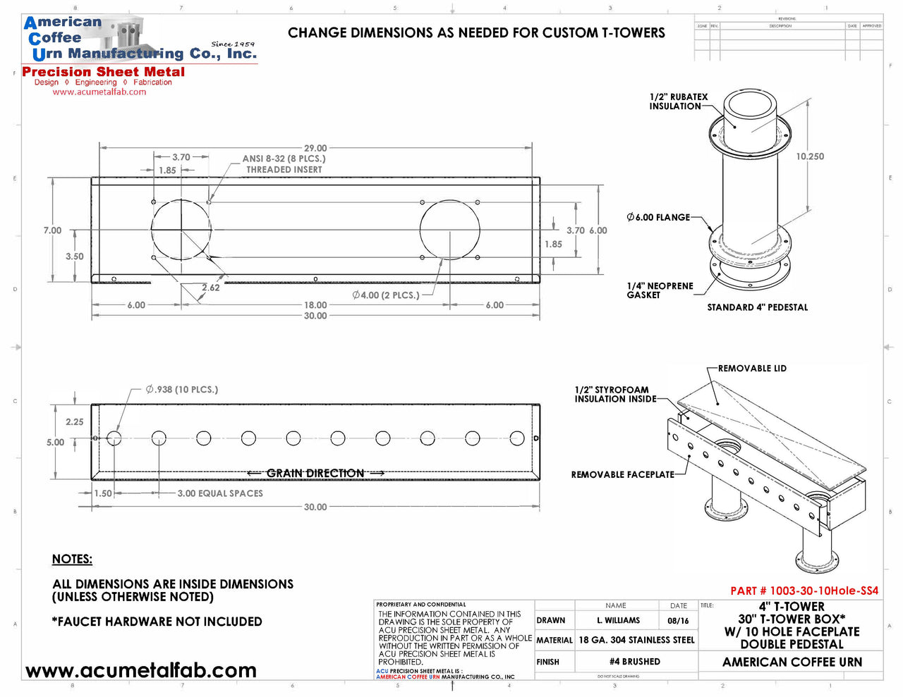 Draft Beer T-Tower | 4" Double Pedestal | 30" Box | 10 Faucet Hole | SS # 4
