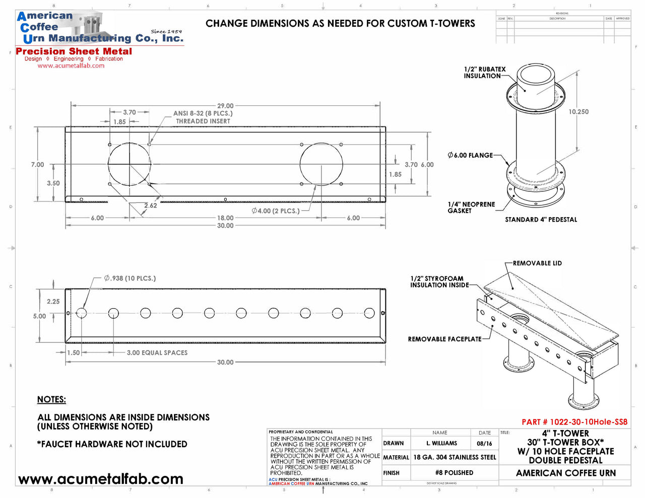 Draft Beer T-Tower | 4" Double Pedestal | 30" Box | 10 Hole Face Plate | SS # 8