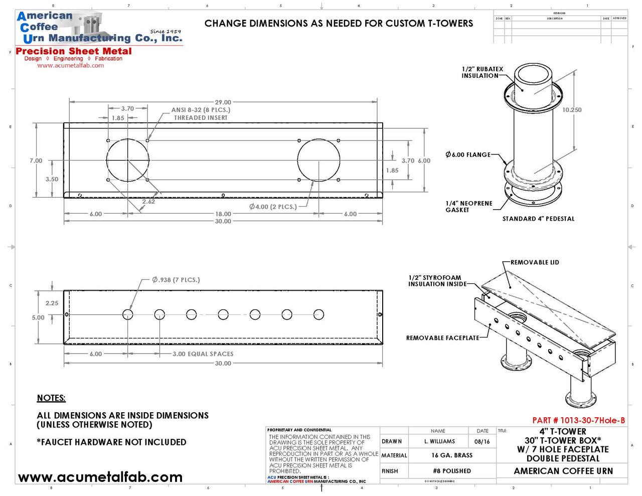 Draft Beer T-Tower | 4" Double Pedestal | 30" Box | 7 Faucet Hole | Brass
