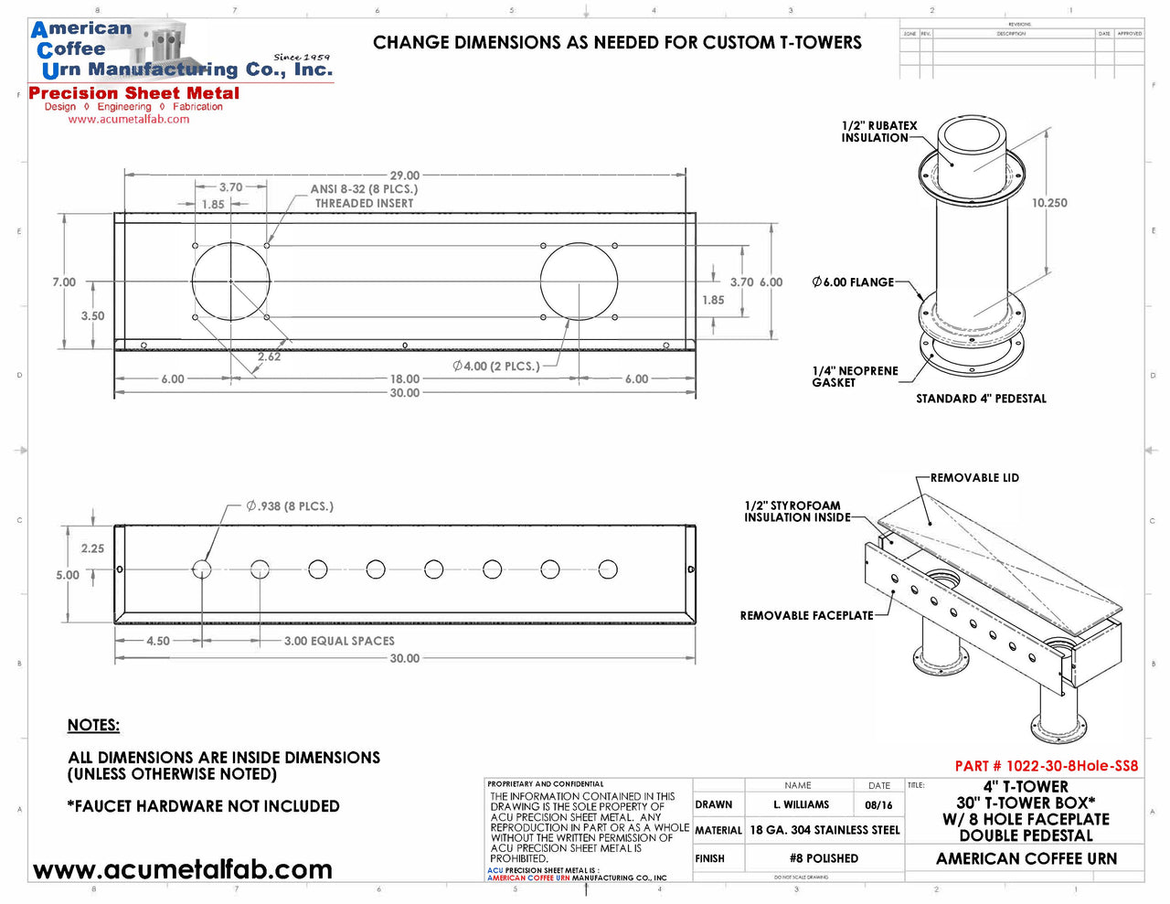 Draft Beer T-Tower | 4" Double Pedestal | 30" Box | 8 Hole Face Plate | SS # 8