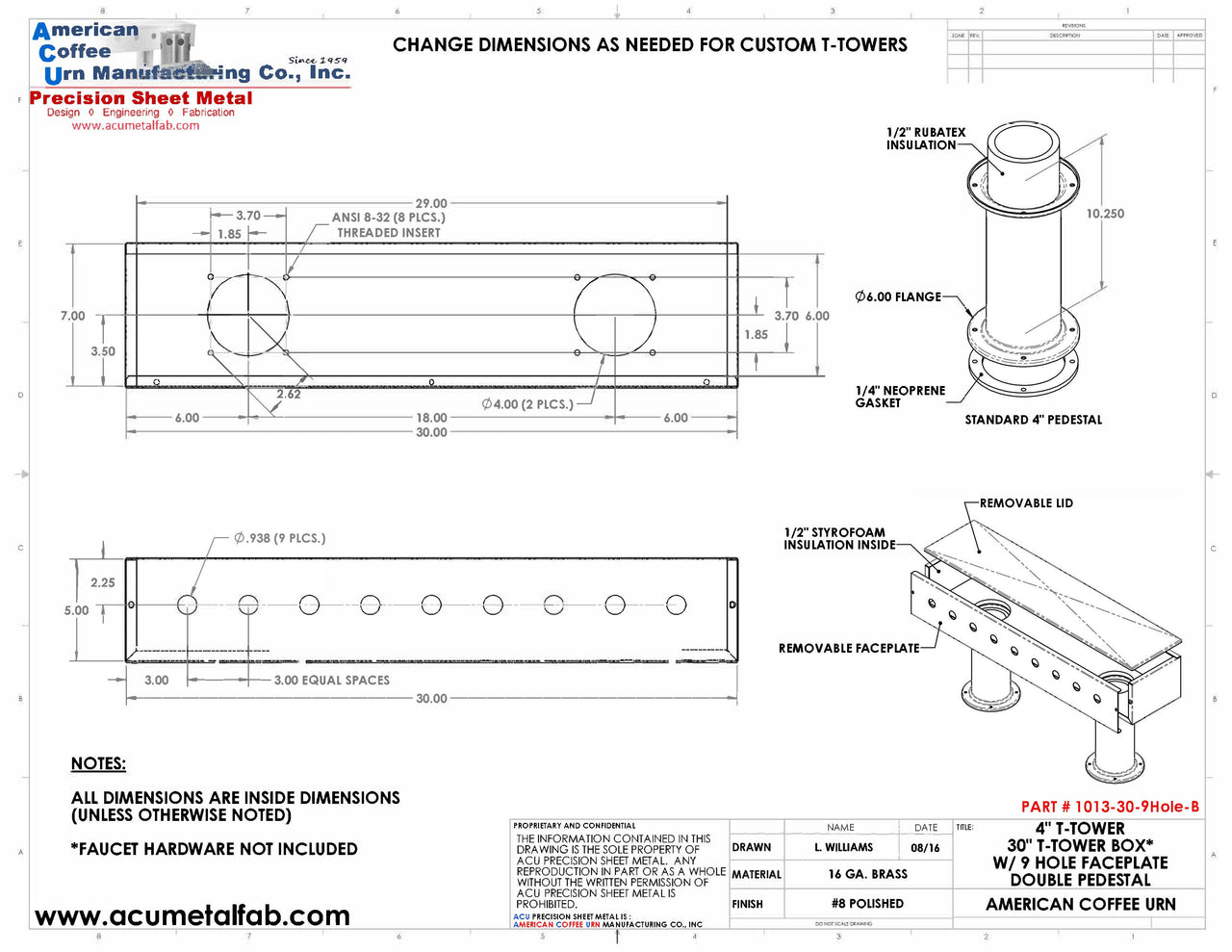 Draft Beer T-Tower | 4" Double Pedestal | 30" Box | 9 Faucet Hole | Brass
