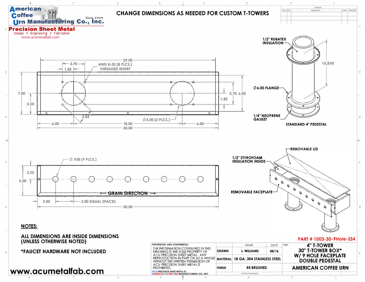 Draft Beer T-Tower | 4" Double Pedestal | 30" Box | 9 Faucet Hole | SS # 4