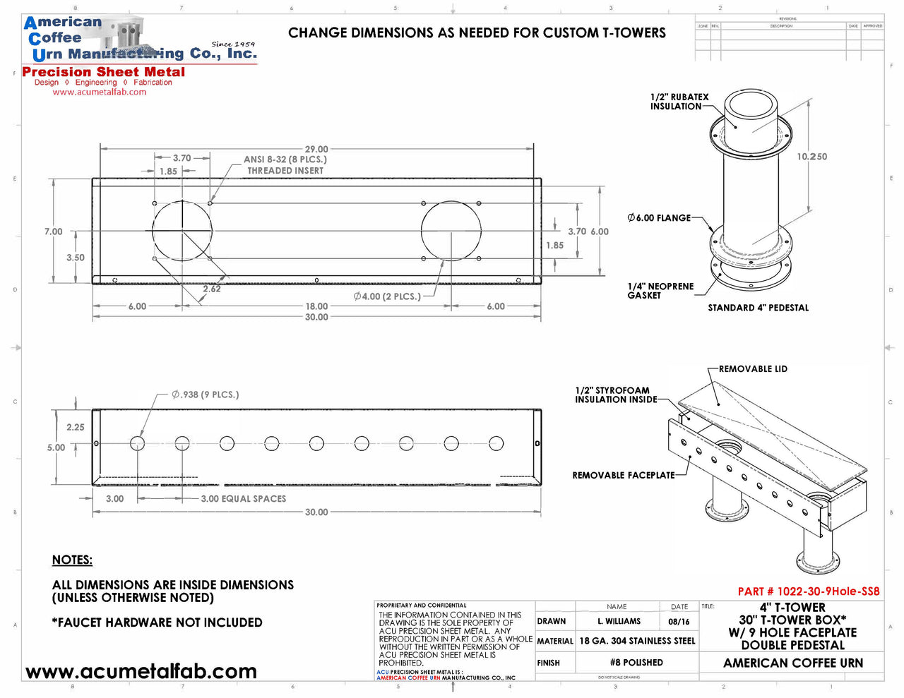 Draft Beer T-Tower | 4" Double Pedestal | 30" Box | 9 Hole Face Plate | SS # 8