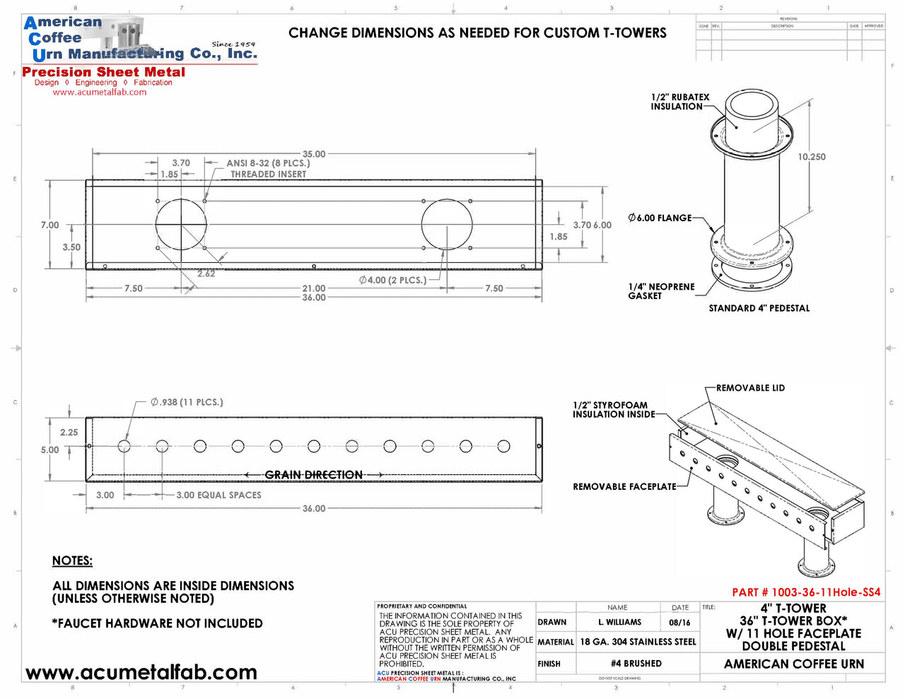 Draft Beer T-Tower |Double Pedestal| 36" Box| 11 Faucet Holes| SS #4