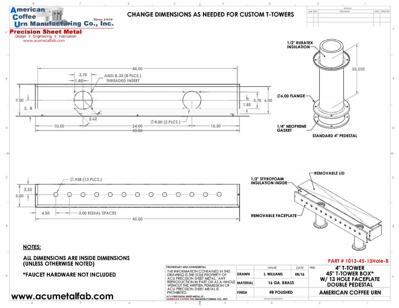 Draft Beer T-Tower |Double Pedestal| 45" Box| 13 Faucet Holes| Brass
