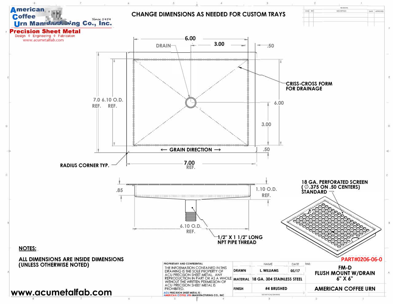 Flush Mount 6" X 6" X ¾" Drip Tray | Beer Dispenser Catcher | S/S # 4