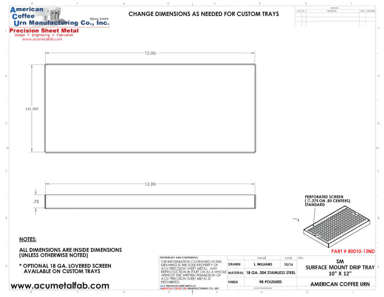10" X 12" Surface Mount Drip Tray | No Drain | S/S#8