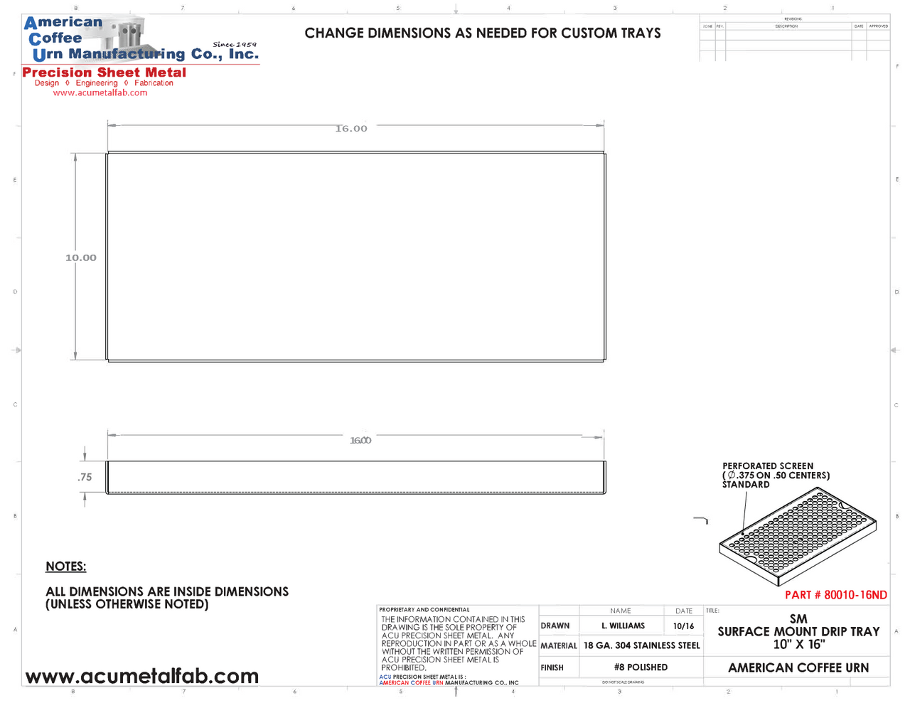 10" X 16" Surface Mount Drip Tray | No Drain | S/S#8