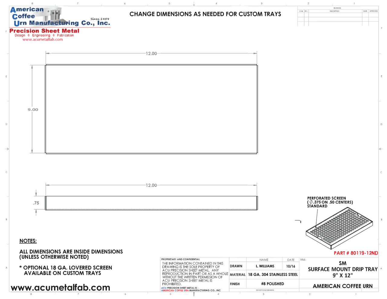 9" X 12" Surface Mount Drip Tray | No Drain | S/S#8