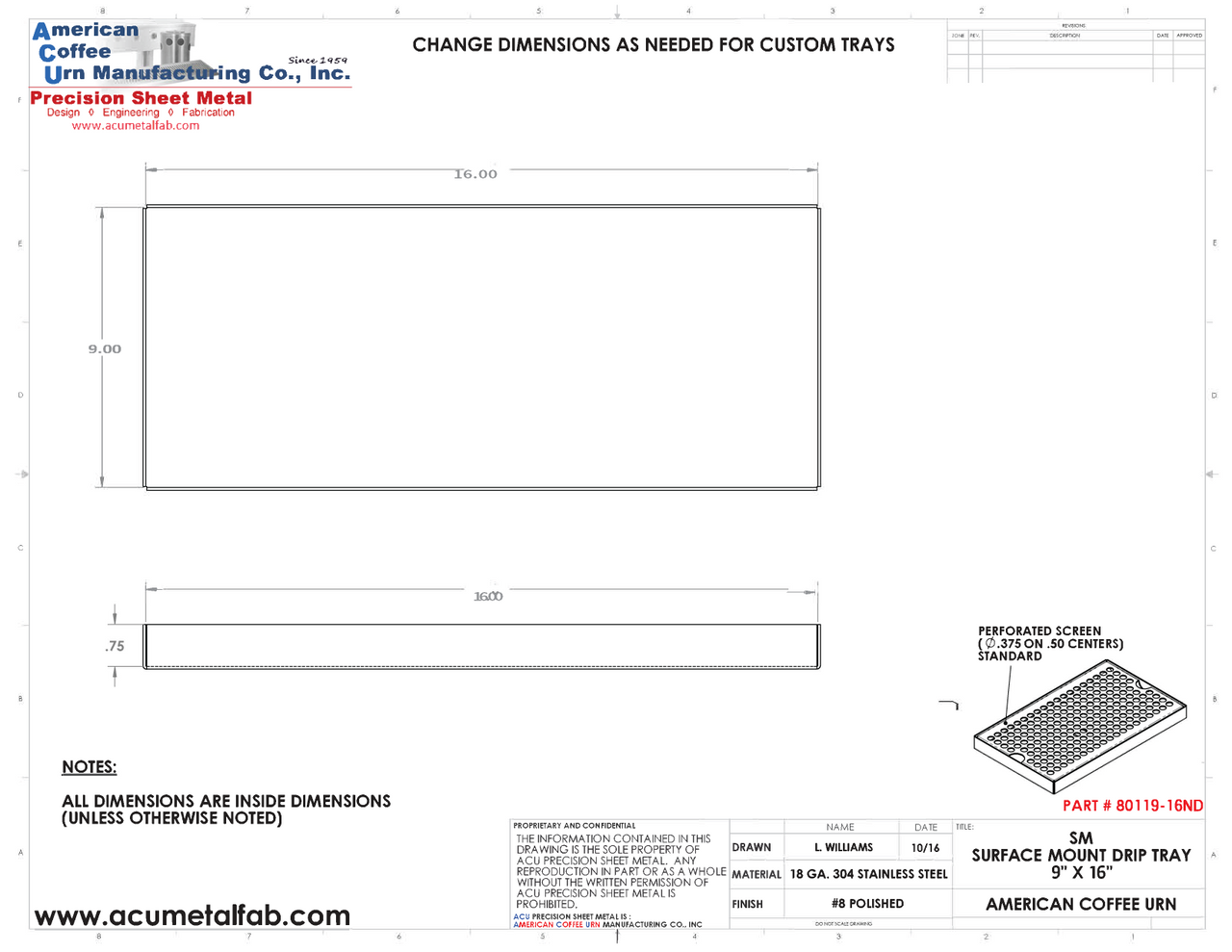 9" X 16" Surface Mount Drip Tray | No Drain | S/S#8