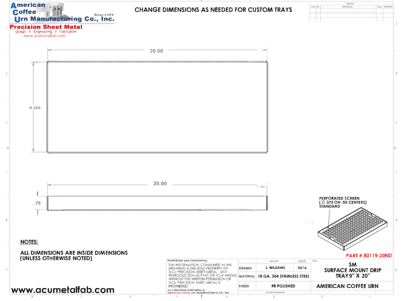 9" X 20" Surface Mount Drip Tray |No Drain | S/S#8
