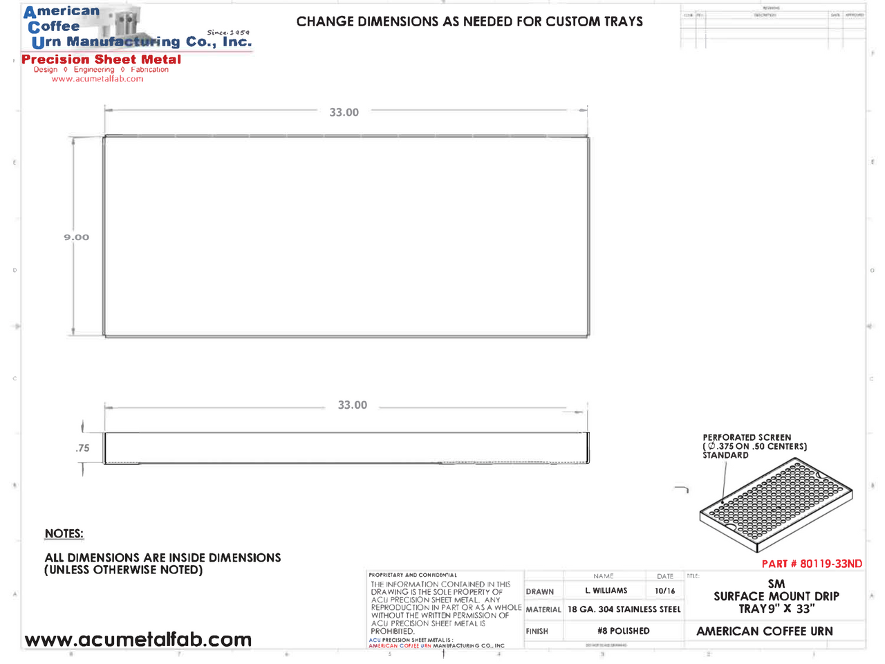 9" X 33" Surface Mount Drip Tray |No Drain | S/S#8