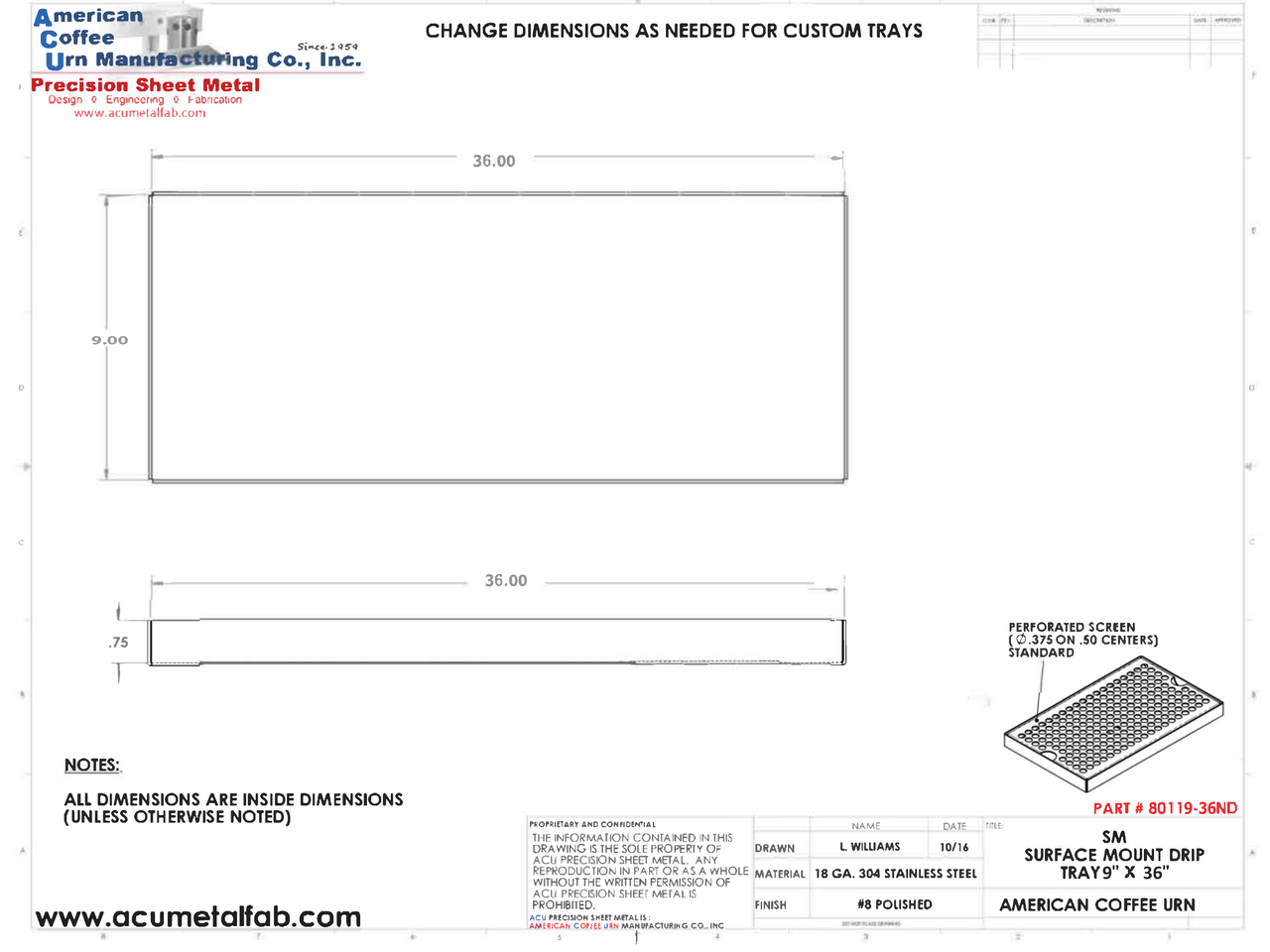 9" X 36" Surface Mount Drip Tray |No Drain | S/S#8