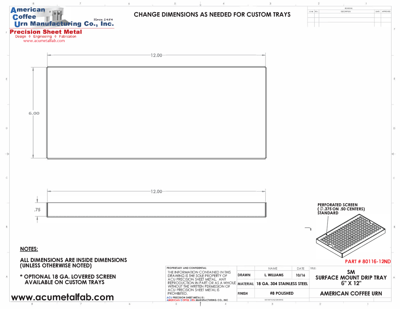 6" X 12" Surface Mount Drip Tray | No Drain | S/S#8