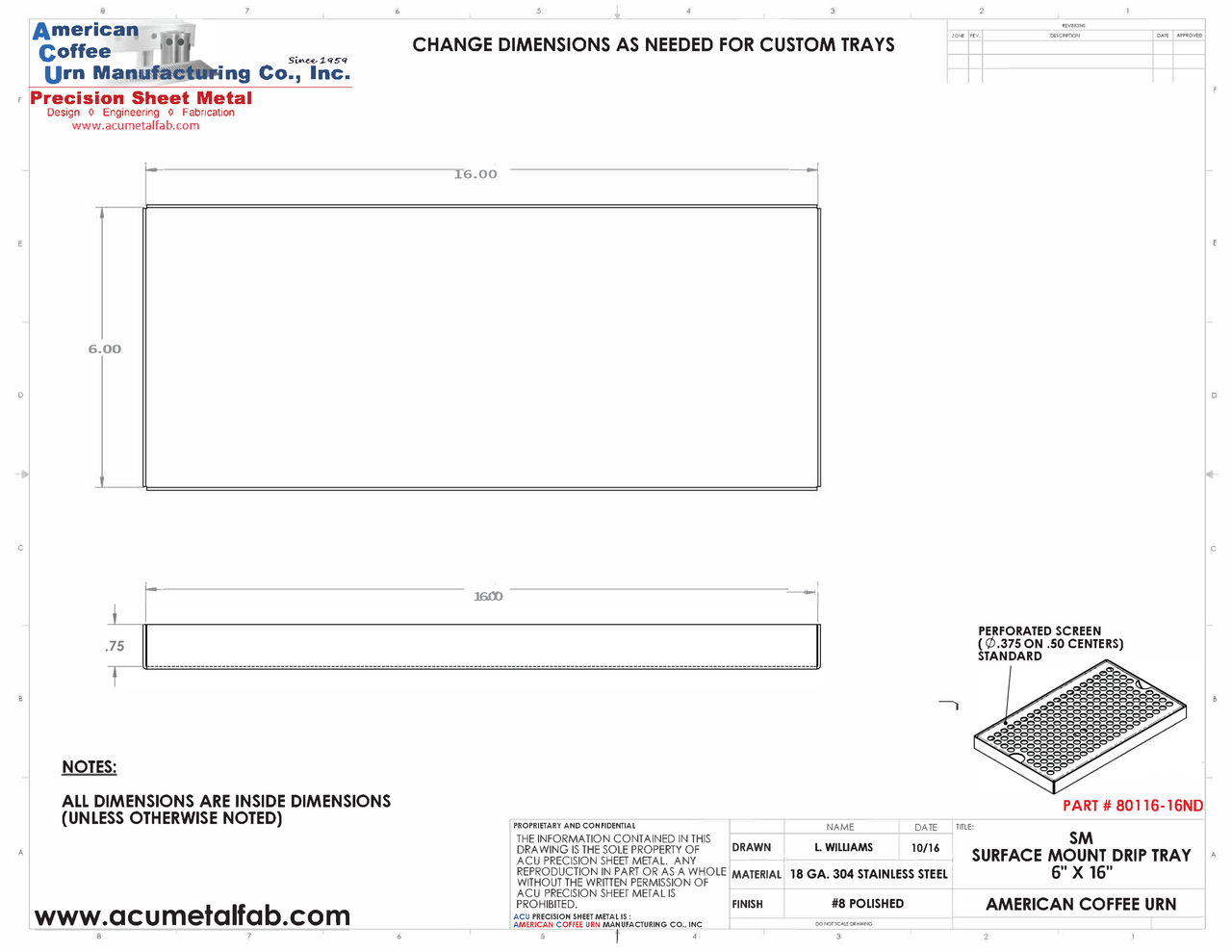 6" X 16"  Surface Mount Drip Tray | No Drain | S/S#8