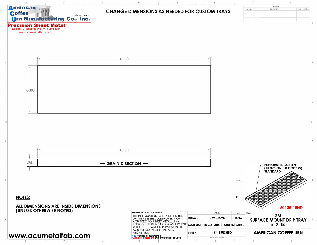6" X 18" Surface Mount Drip Tray | No Drain | S/S#4