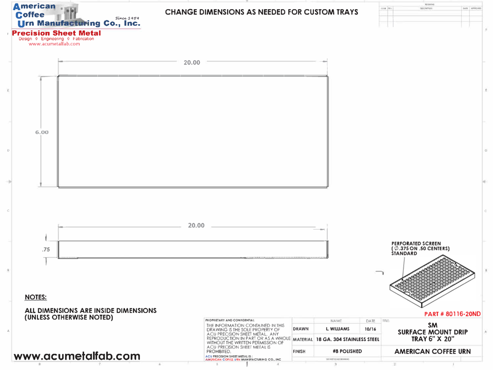 6" X 20" Surface Mount Drip Tray | No Drain | S/S#8
