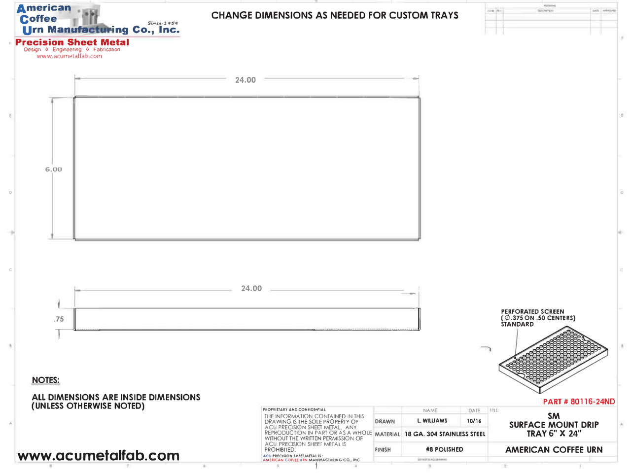 6" X 24" Surface Mount Drip Tray | No Drain | S/S#8