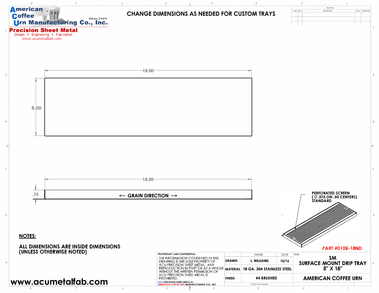8" X 18" Surface Mount Drip Tray | No Drain | S/S#4