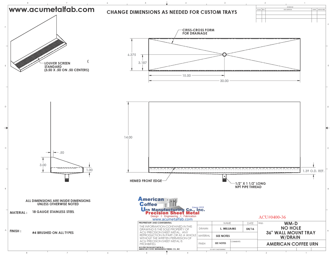 Wall Mount Drip Tray with Drain | 6-3/8" X 36" X 14" X 1" | S/S # 4 | No Faucet Holes