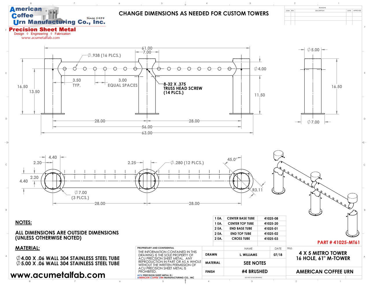Metro "M" Pass Through Draft Beer Tower 16 Faucet Holes | 61" Long | Stainless Steel #4 Drawing